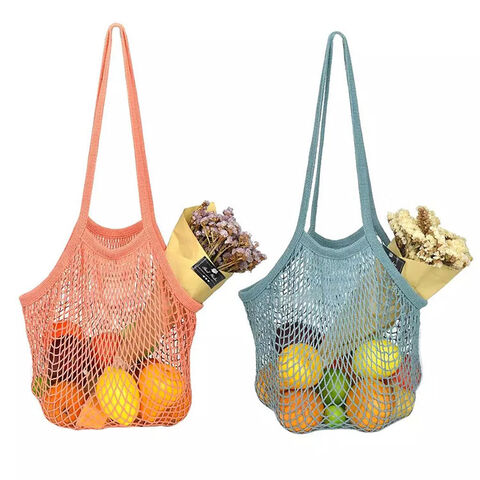 Long handle reusable grocery tote mesh fruit vegetable drawstring shopping cotton tote bag