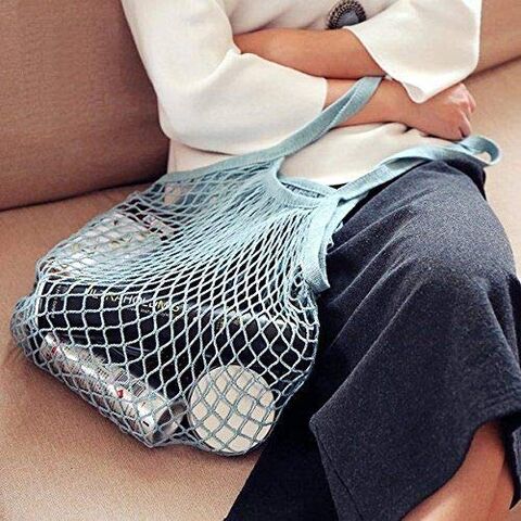 Long handle reusable grocery tote mesh fruit vegetable drawstring shopping cotton tote bag
