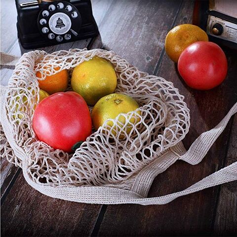Long handle reusable grocery tote mesh fruit vegetable drawstring shopping cotton tote bag
