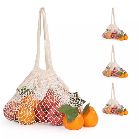Long handle reusable grocery tote mesh fruit vegetable drawstring shopping cotton tote bag