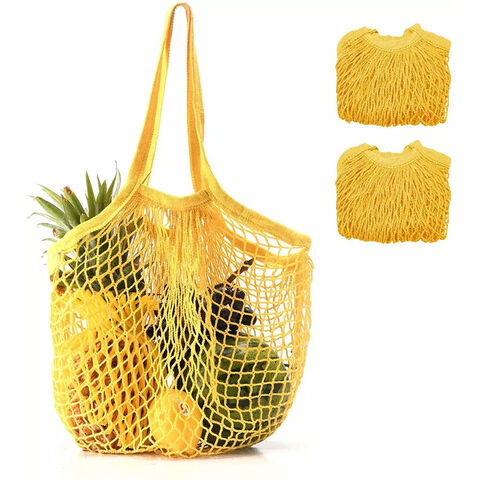 Long handle reusable grocery tote mesh fruit vegetable drawstring shopping cotton tote bag
