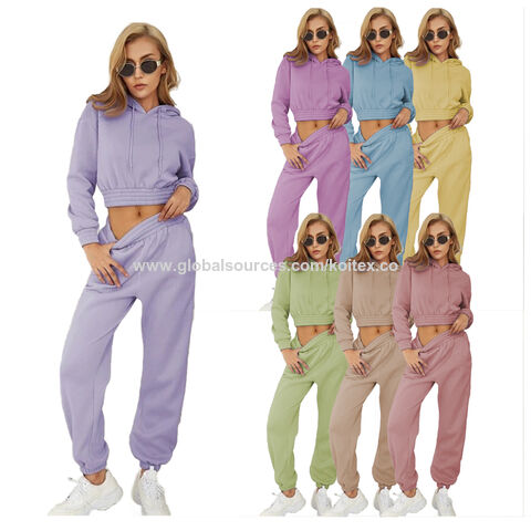 China Custom sports crop hoodies sweatsuit set casual loose fit two piece  women blank cotton tracksuit factory and suppliers