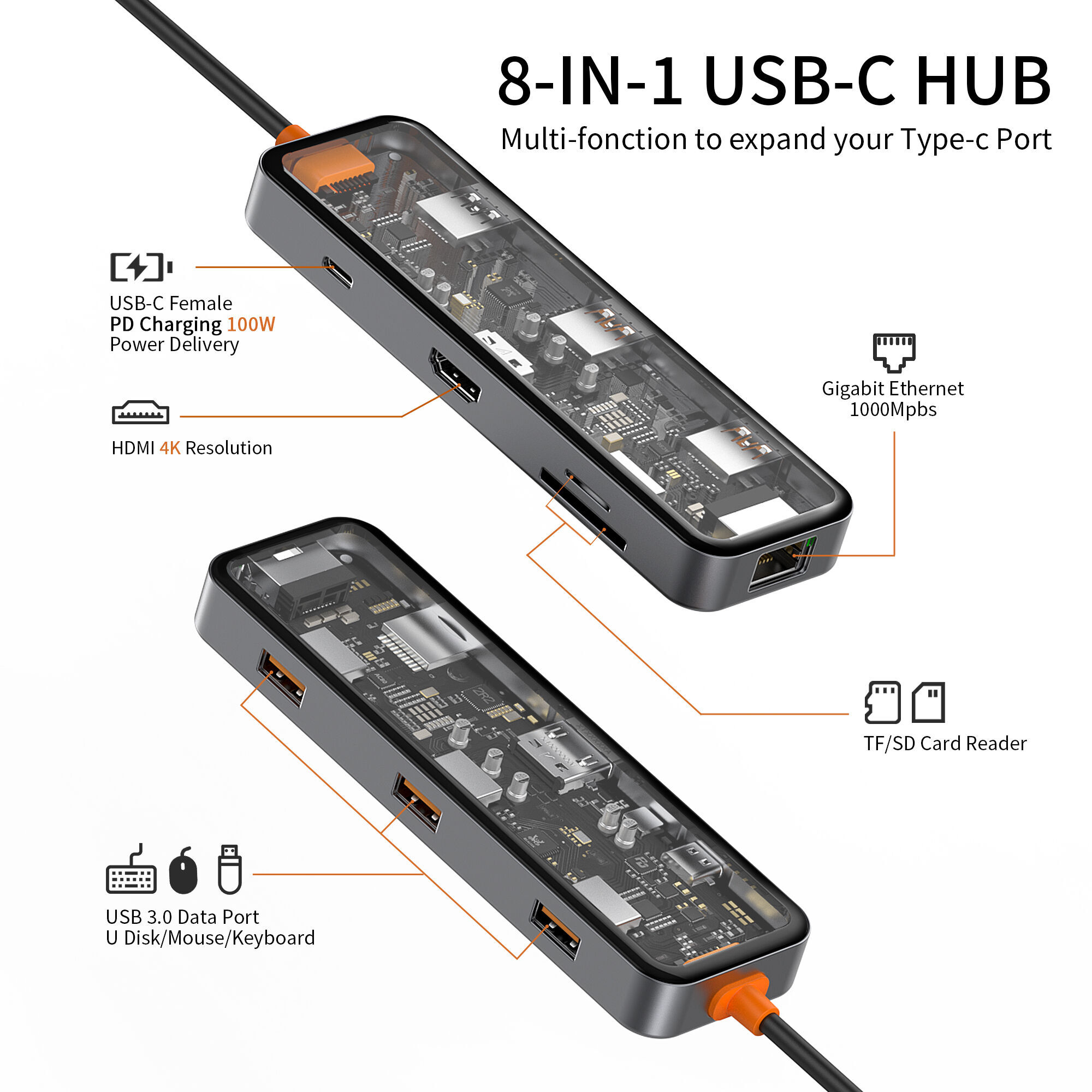 USB-C Hub - USB 3.0, 4K HDMI, RJ45 Gigabit Ethernet, SD-kort, PD