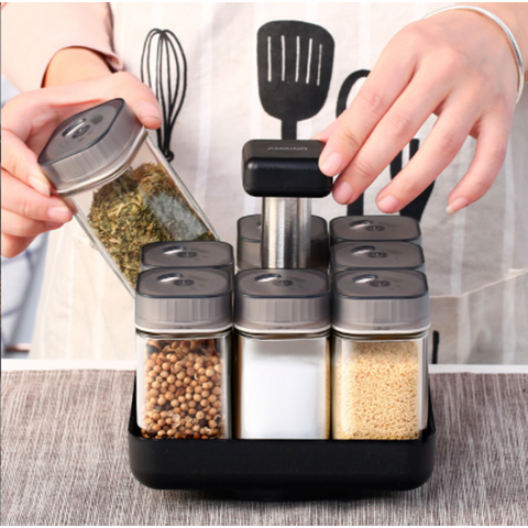 Kitchen Seasoning Box Set Wheat Straw Seasoning Jar Set with Spoon Spice Box  Condiment Sugar Salt Storage Organizer 