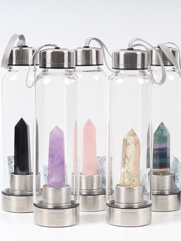 Botella de agua de cristal – Botellas de agua con infusión de cristal de  cuarzo rosa, botella de agua energética de vidrio de borosilicato curativo