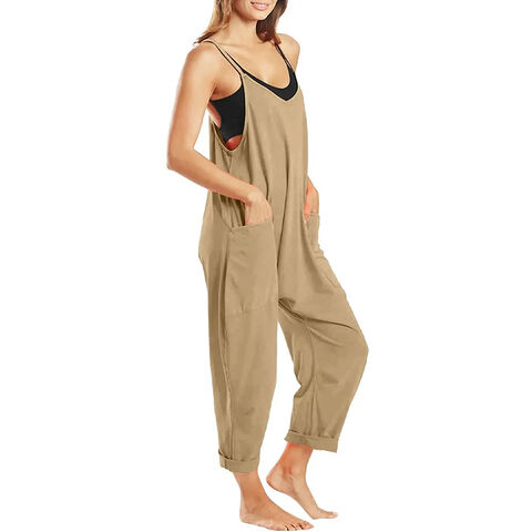 Women's Loose Sleeveless Jumpsuits Spaghetti Strap Stretchy Long Pant  Romper Jumpsuit with Pockets Casual Solid Wide Leg Pants