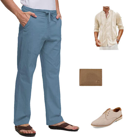 Man Pants Cotton Linen Beige Blue Summer Breathable Linen Trousers
