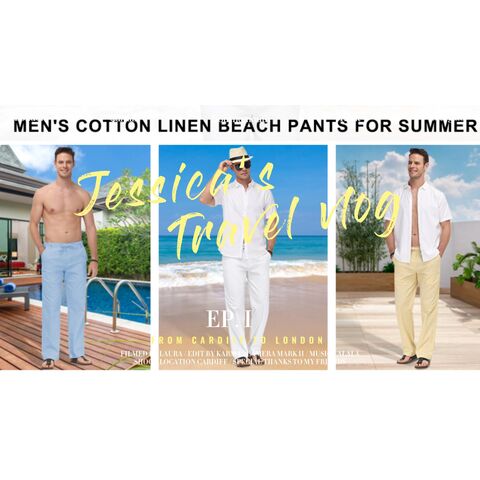 Mens Summer Beach Cotton Linen Yoga Pants Drawstring Elasticated Loose  Trousers