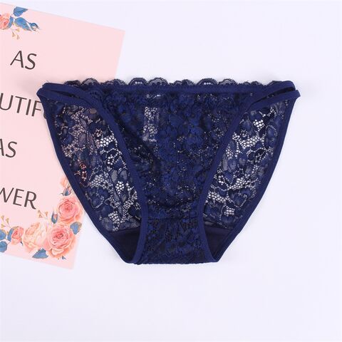 Women Fashion Panties Sexy Low-waist Lace Underwear Simple Solid Color Ice  Silk Briefs Breathable Underpants navy blue S
