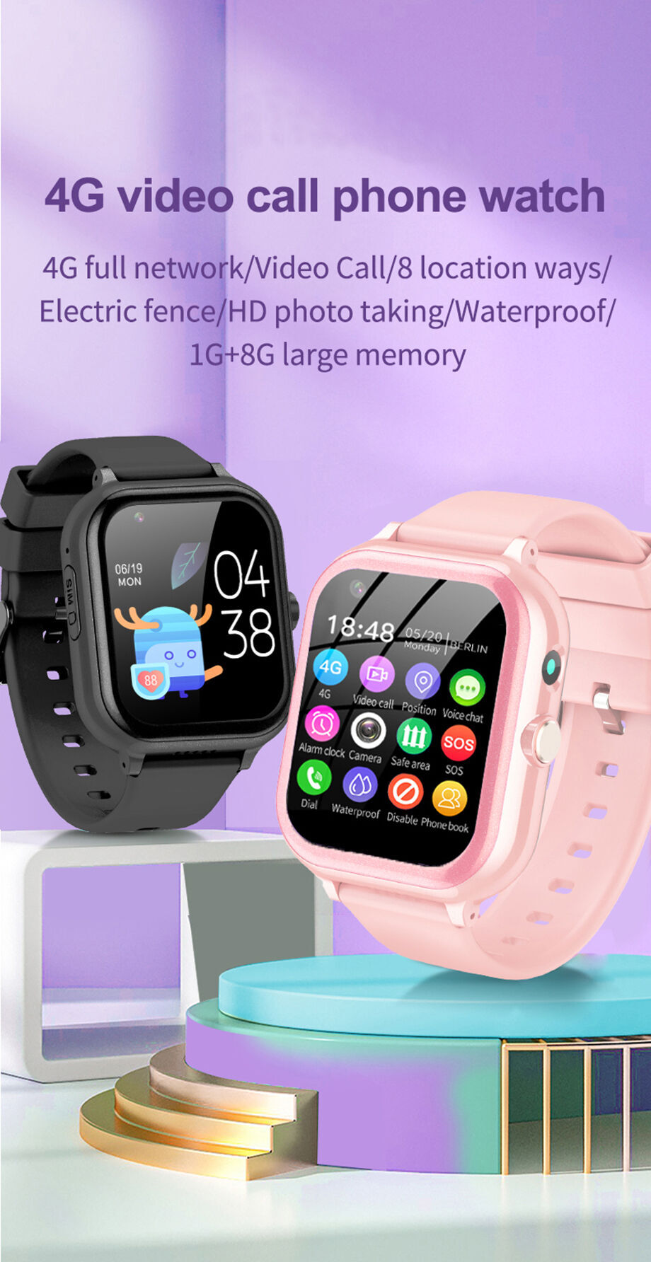 Montre Connectée Enfants 4G GPS 1G+8 G Montre WiFi Appel Vidéo SOS