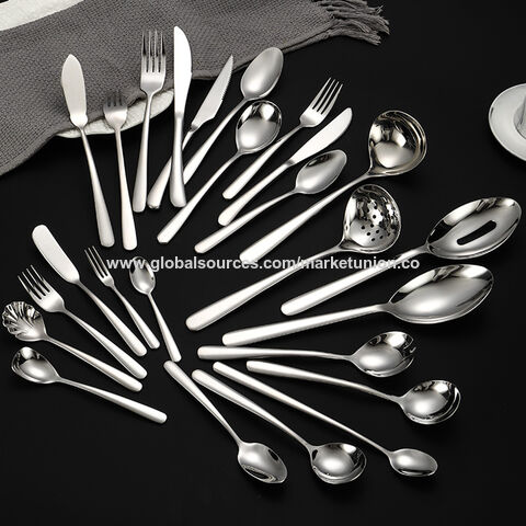 Ensemble de couverts en acier inoxydable 304, fourchette, cuillère et couteau de différentes tailles pour usage domestique et commercial. Qualité supérieure pour la restauration et l'hôtellerie.