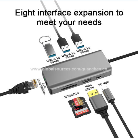 USB-C Multiport Adapter 8 in 1, HDMI 4K, VGA, HDTV, USB 3.0, lecteur SD/TF