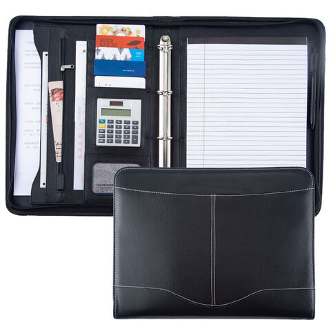 A4 PU Leather Portfolio Zippered Padfolio with 4 Ring Binder Professional  Business Organizer Resume Folder Notebook Organizer with Calculator  Document