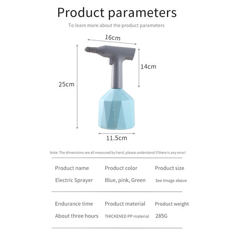 1L Battery electric sprayer with 2 Bar working pressure.Lithium battery type 18650 with USB charging line.