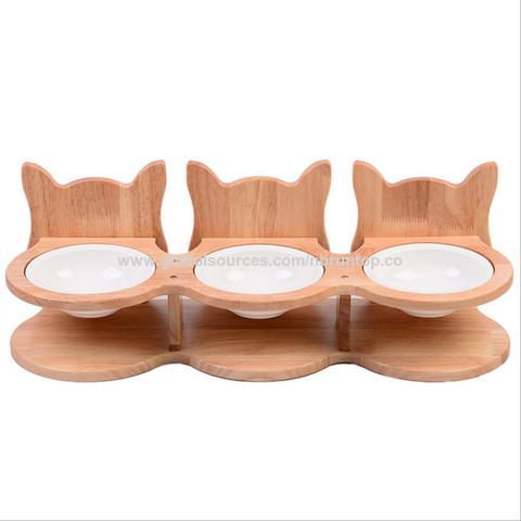 Wooden pet bowl holder Adjustable neck guard cat food bowl Double bowl  Ceramic cat bowl holder anti-upset dog food bowl holder