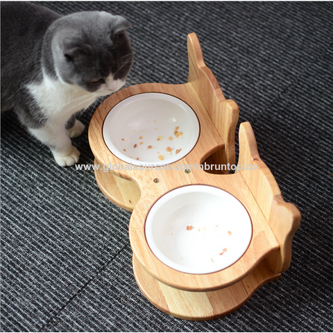 Wooden pet bowl holder Adjustable neck guard cat food bowl Double bowl  Ceramic cat bowl holder anti-upset dog food bowl holder