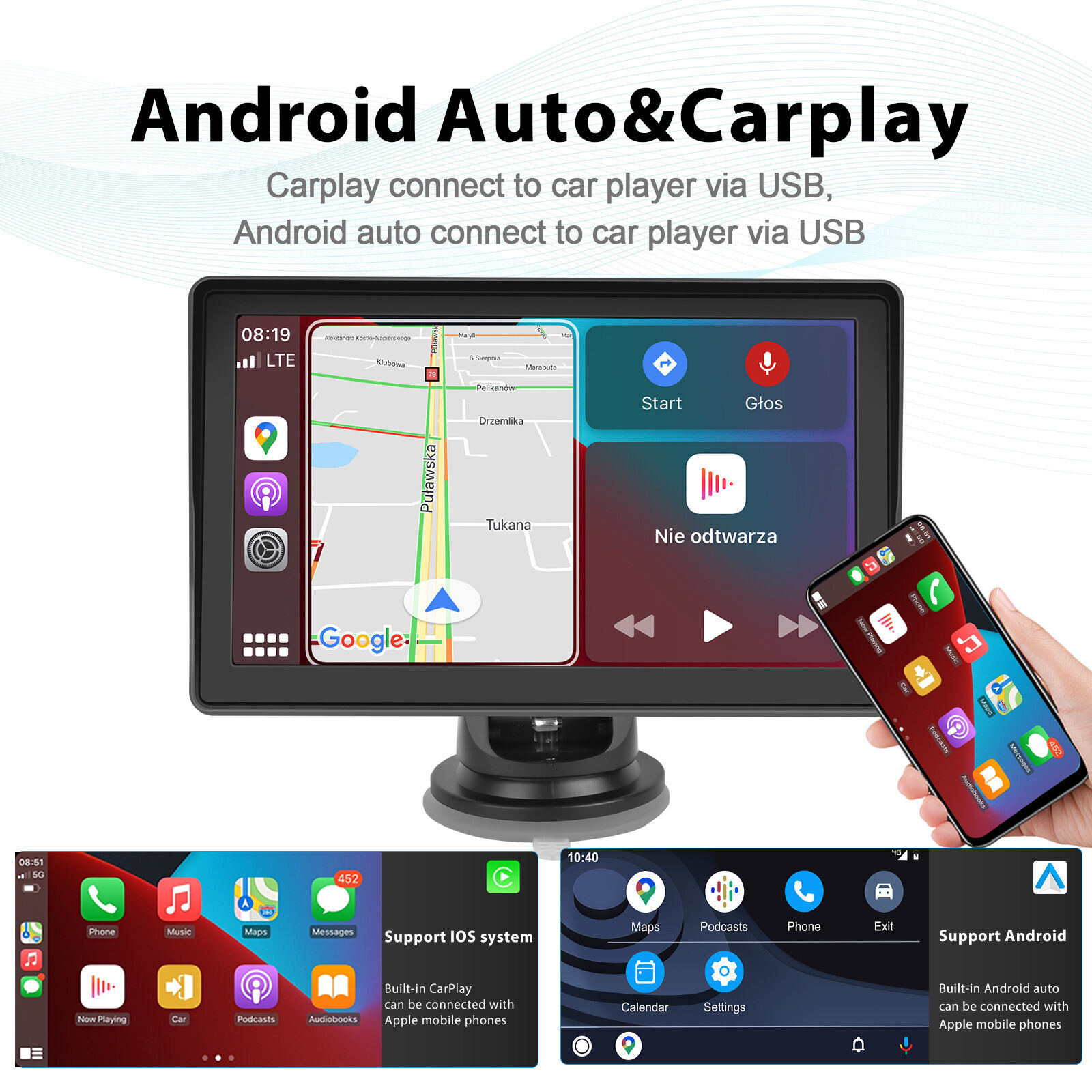 Carplay sans Fil Android Auto Portable Installation Facile Écran de Voiture  Écran Intelligent Stéréo pour 12V 24V Van Écran Tactile IPS de 7 Pouces