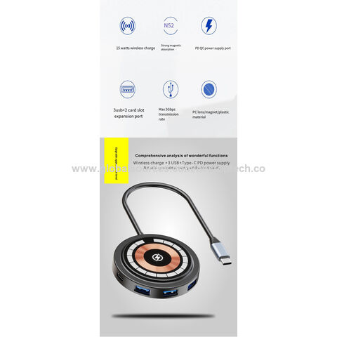 Nuevo Hub USB Múltiple de 6 Puertos 2023 con Puerto Tipo C de 100W y Cargador Inalámbrico de 15W para iPHone/Samsung/Huawei
