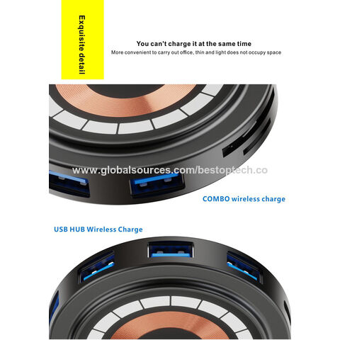 Nuevo Hub USB Múltiple de 6 Puertos 2023 con Puerto Tipo C de 100W y Cargador Inalámbrico de 15W para iPHone/Samsung/Huawei