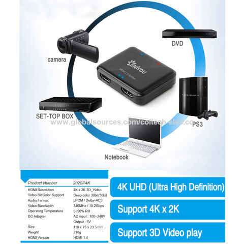 Splitter vidéo HDMI 4K à 2 ports - Répartiteur HDMI 1 x 2 alimenté par USB  ou adaptateur d'alimentation