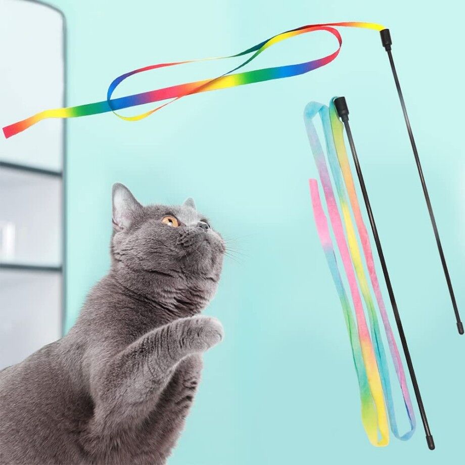 Cat Wand Toy Set, Interactive Cat Wand Toy With Rainbow Ribbon String, Rainbow C