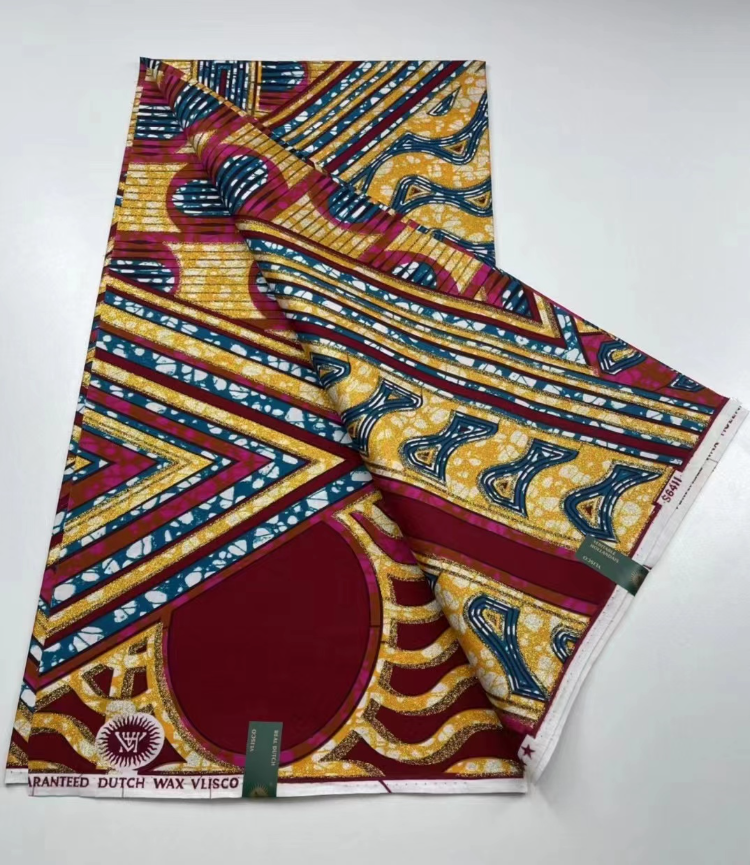 Cotton Ankara Wax Print Fabric with Oversized Fan & Paisley Pattern on Gold Crackle Base