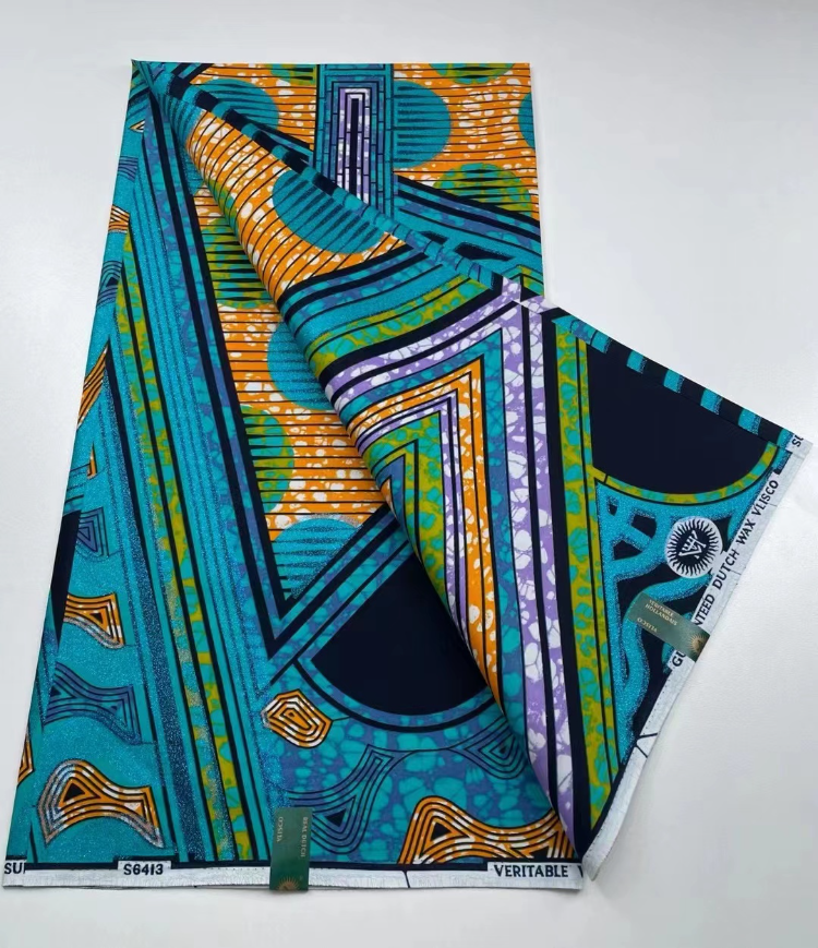 Cotton Ankara Wax Print Fabric with Bold Teal Tube & Spiral Motif on Purple Crackle Background