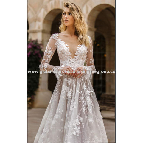 New Wholesale Bride Perspective Long Sleeve Lace Fishtail Sexy