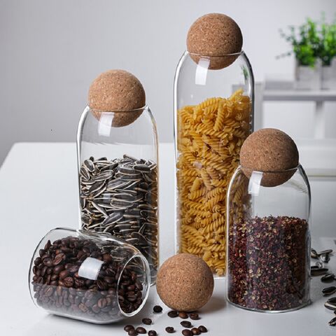 3pcs Glass Storage Container with Round Ball Cork,Coffee Bean Jar Glass Cork Clear Stripe Glass Bottles with Cork Glass Canisters for Food, Coffee