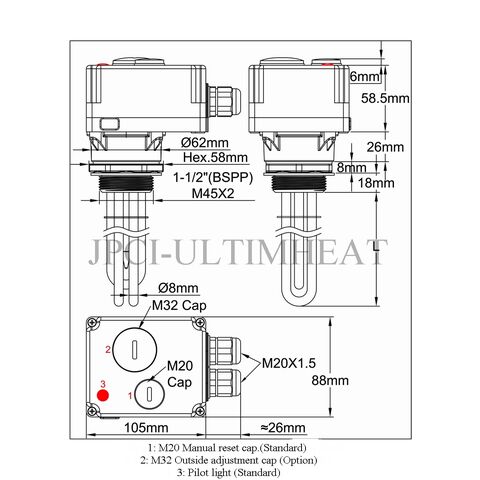 Immersion safety thermostat, with manual reset.