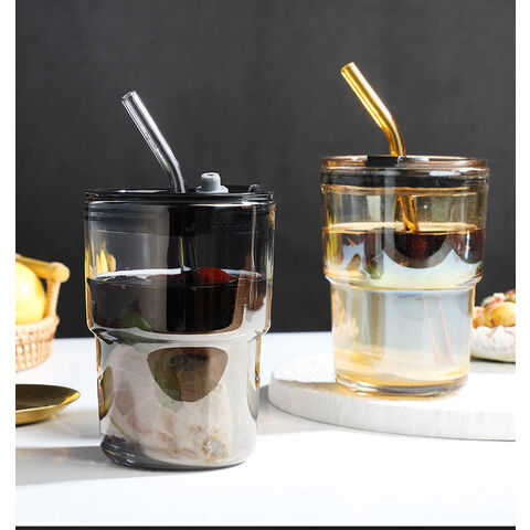 450ml Coffee Glasses Cup With Lids Straw Heat Resistant Leather Cover Glass  Mug Water Cup Tea