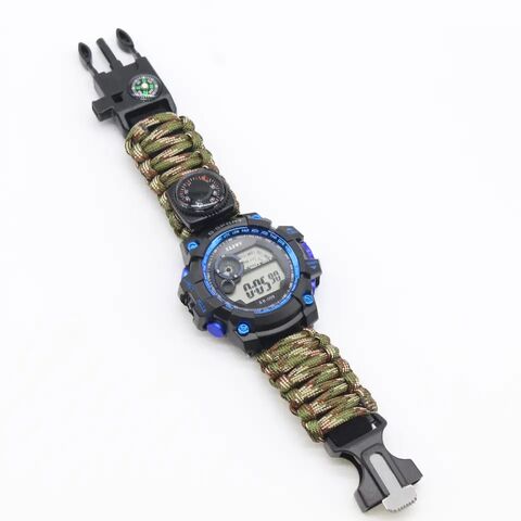 Multifunktionale Outdoor-Überlebensuhr mit Feuerstein, Bergseil, Kompass-Armbanduhr für Bergsteigen und Camping