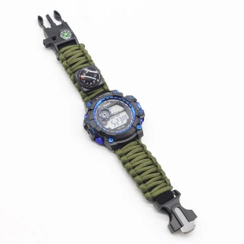 Multifunktionale Outdoor-Überlebensuhr mit Feuerstein, Bergseil, Kompass-Armbanduhr für Bergsteigen und Camping