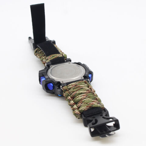 Multifunktionale Outdoor-Überlebensuhr mit Feuerstein, Bergseil, Kompass-Armbanduhr für Bergsteigen und Camping