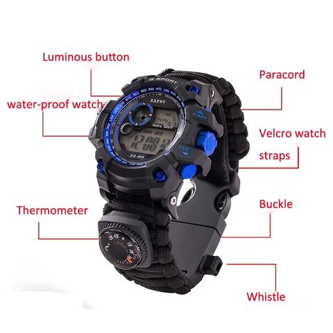 Multifunktionale Outdoor-Überlebensuhr mit Feuerstein, Bergseil, Kompass-Armbanduhr für Bergsteigen und Camping