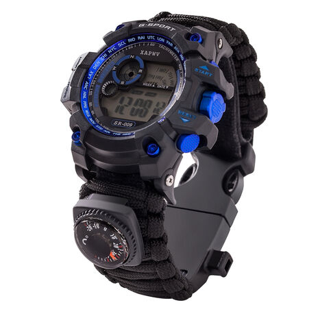 Multifunktionale Outdoor-Überlebensuhr mit Feuerstein, Bergseil, Kompass-Armbanduhr für Bergsteigen und Camping