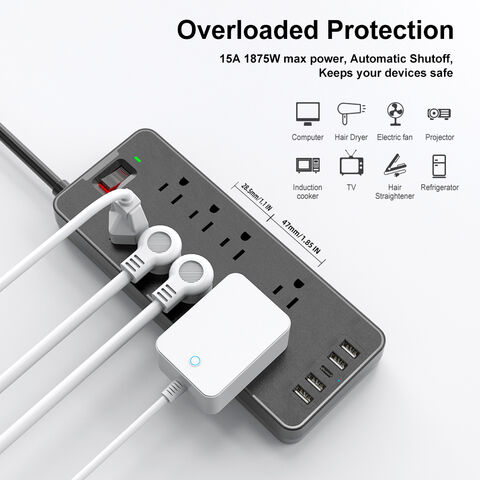 Regleta de alimentación con 6 USB, cable de extensión de 5 pies, enchufe  plano con 8 salidas ampliamente espaciadas, protección contra sobrecarga