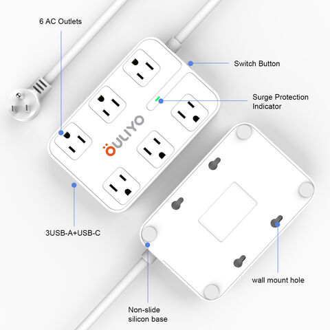 Wall Mountable Surge Protector Power Strip With 6 USB + Flat Plug Extension  Cord