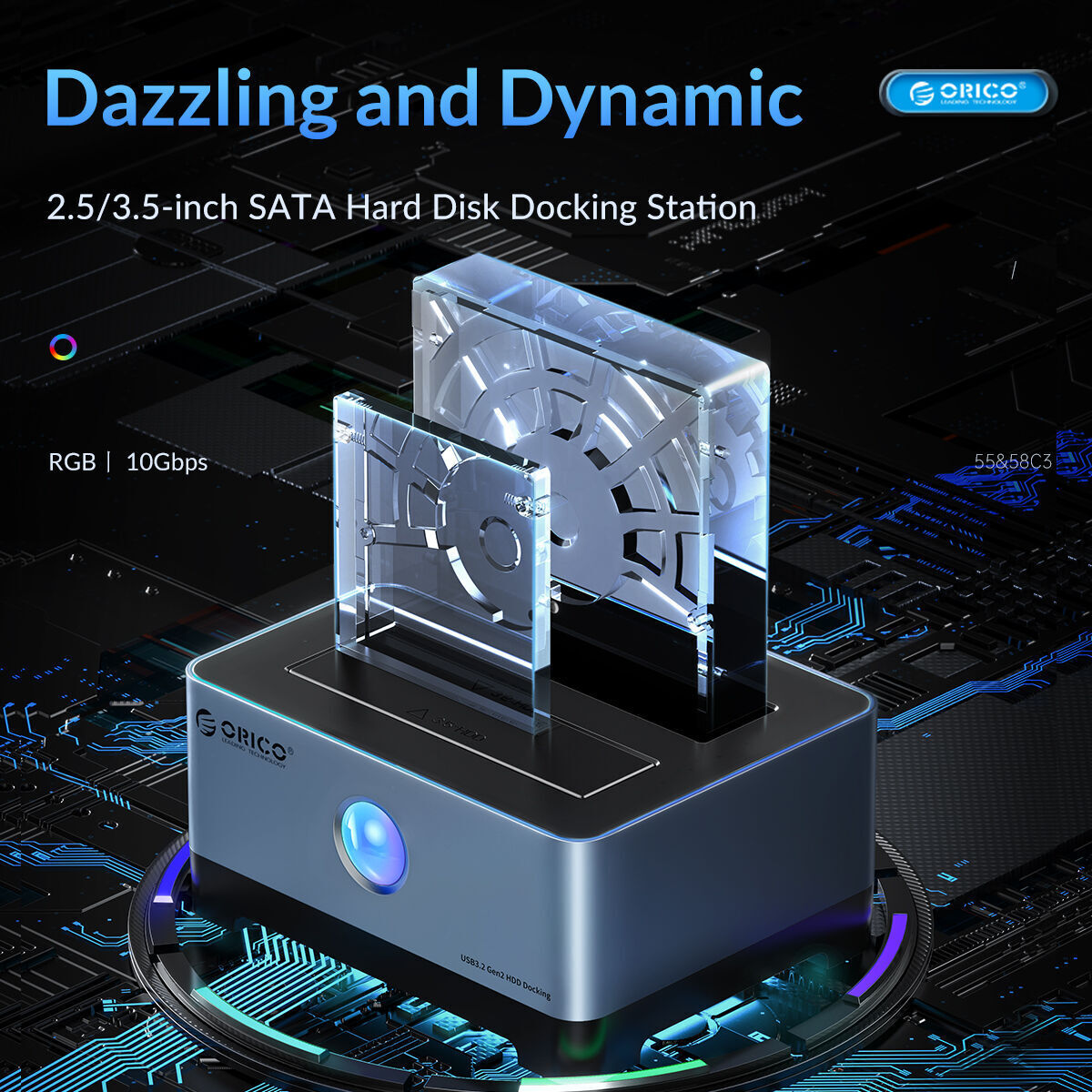 ORICO Hard Drive Docking Station, Aluminum Dual Bay USB C to SATA 3.0 6  Gbps HDD Docking Stations with UASP for 2.5 or 3.5 Inch HDD with 12V 3A  Power