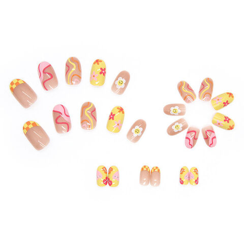 Yellow French False Nail Flowers Almond Short Press on Nails for Nail Art  24pcs