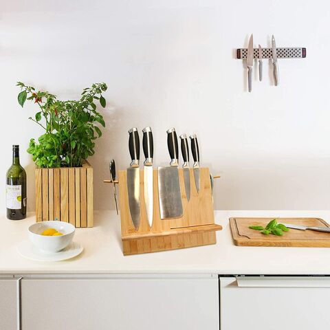 Navaris Knife Block and Cutting Board Holder - Magnetic Knife Block Without Knives - Acacia Wood Stand for Kitchen Counter - Space Saving Storage