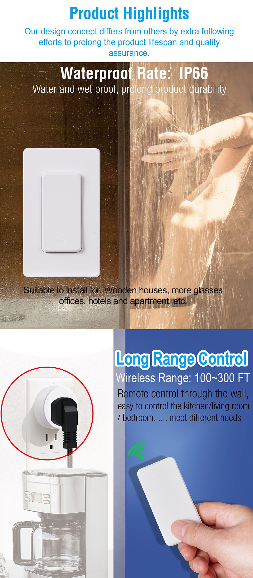 Wireless Plug in Outlet Adapter Remote Control 500ft Long Range IP66  Waterproof