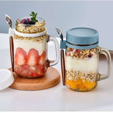 Buy Wholesale China Reusable Overnight Oats Container With Handle For  Cereal Yogurt Milk Salad Wide Mouth Glass Mason Jars With Lids And Spoons &  Mason Jar at USD 1.62
