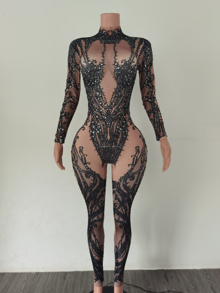 Women Sexy See Through Crystal Bodysuits Luxury Birthday Dancer Stage Performance Wear Mesh Sparkly Rhinestone Nightclub Outfit