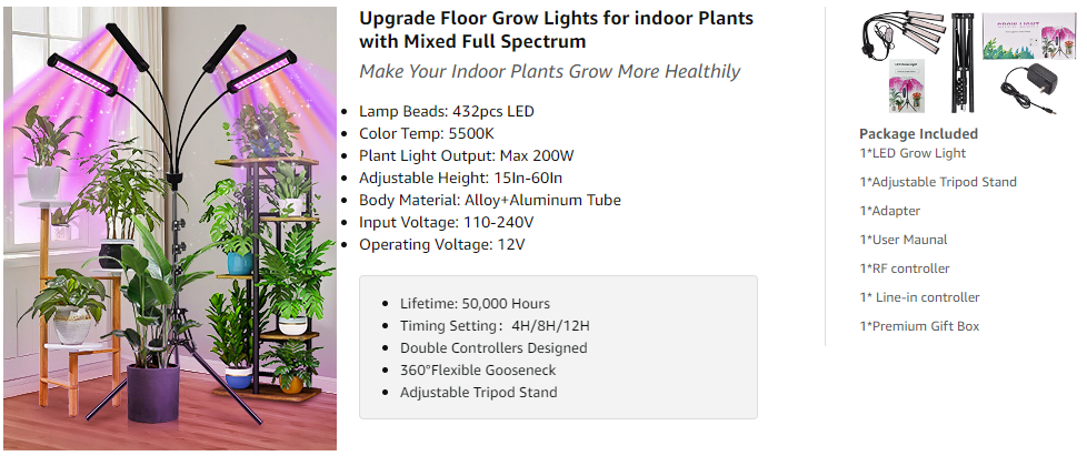 Upgraded Grow Lights for Indoor Plants, 200W 432 LEDs Full Spectrum Plant  Grow Light with 60 inch Extendable Tripod Stand, Dual Controllers, Auto