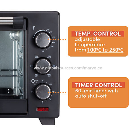 Oven with adjustable temperature and timer, equipped with two baking  elements, indicator bell, and automatic shutdown function