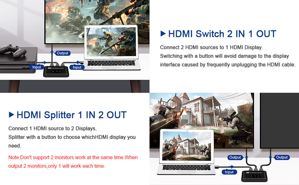 Switch HDMI 2.1 Bidirezionale 2 In 1 Out – 8K@60Hz E 4K@120Hz, 40Gbps, Plug-and-play, Compatibile Con PS5, Xbox, Monitor E Proiettori
