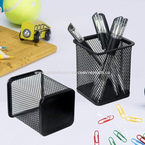 Porta-lápis de Malha Metálica Preto Quadrado, Acessórios de Mesa e Organizadores de Espaço de Trabalho para Casa, Escola e Escritório - Atacado