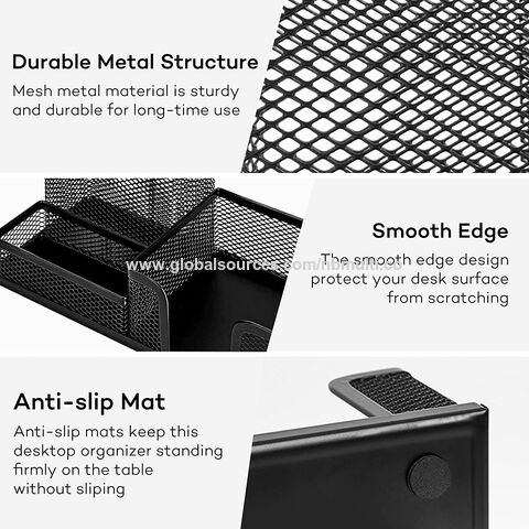 Organizador de Mesa em Malha de Aço com Porta-Lápis e Cestos de Armazenamento para Acessórios de Escritório, 3 Compartimentos, Preto - Material de Escritório no Atacado