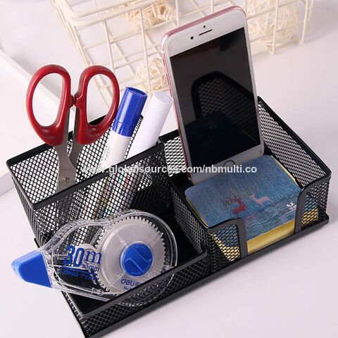 Organizador de Mesa em Malha de Aço com Porta-Lápis e Cestos de Armazenamento para Acessórios de Escritório, 3 Compartimentos, Preto - Material de Escritório no Atacado